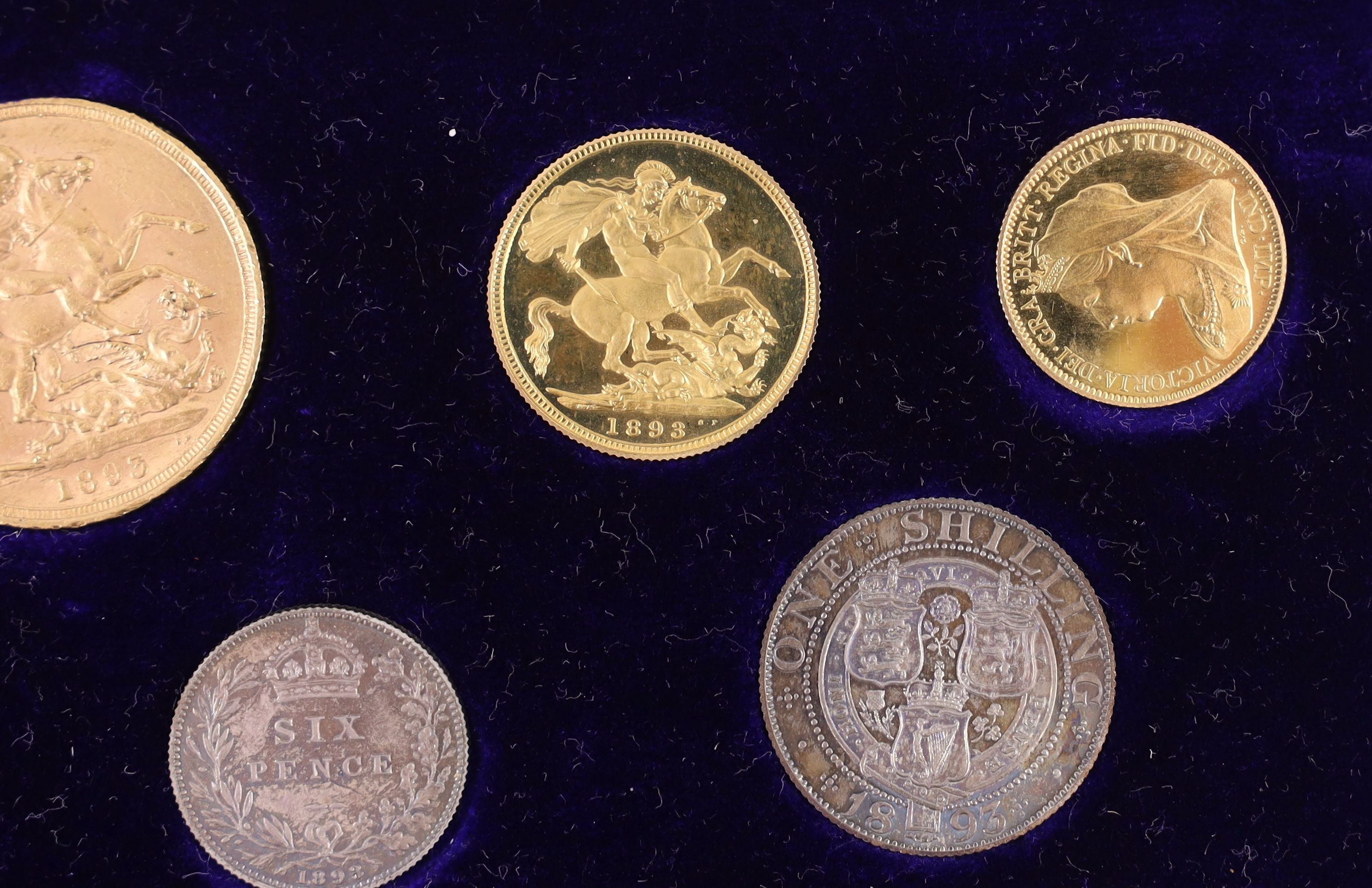 UK coins, a cased Victoria 1893 gold and silver proof coin set